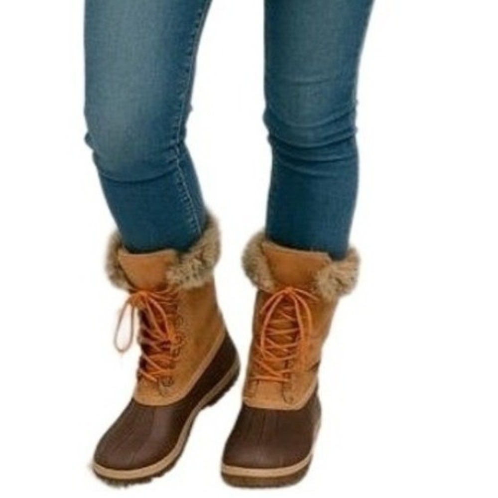 Bamboo Duck Boots Womens 10 Faux Fur Lace Up Brown Rubber